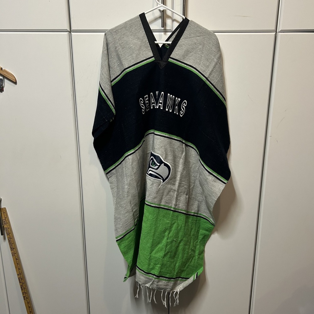 Seattle Seahawks NFL Woven Poncho Mexican Falsa Blanket Navy Green Grey One Size
